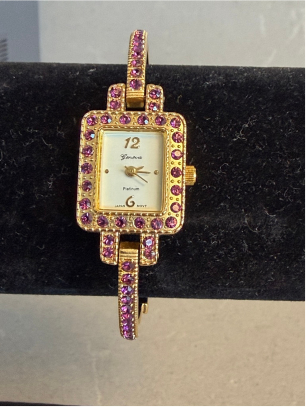 Geneva Platinum Purple Crystal Rhinestone Watch Gold Tone Bracelet Needs Battery